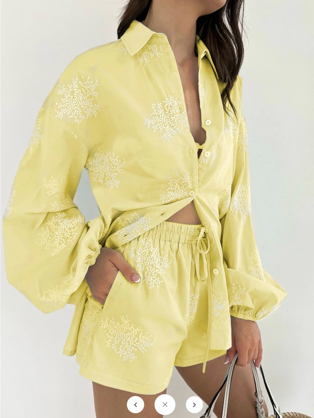 Commense Semi-Sheer Plant Embroidery Casual Shorts Set Yellow - XL